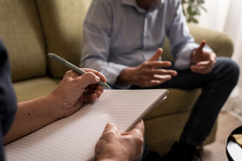man's fist and woman covering her face Domestic violence counseling with psychologist.